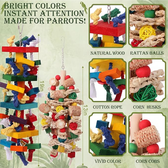Soulchen 6 Pcs Extra Large Bird Parrot Toy Set Natural Wooden Chewing Toy, Rattan Ball, Wood Nut Loofah String (Bagged) for Large Macaws, African Grey, Amazon Parrots (Natural Wood)