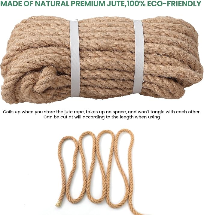 Jute Rope 1/2in50ft Natural Material Heavy Duty Jute Rope Twisted for Indoor Outdoor Crafts, Nautical, Tug of War, Railing, Hammock, Swing, Gardening