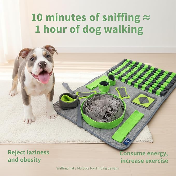 M Snuffle Mat for Dogs Green - Large Interactive Dog Puzzle Toy Enrichment Feeding Mat for Mental Stimulation, Slow Feeder Nosework Game, Washable Non-Slip Sniff Mat for Medium Dogs