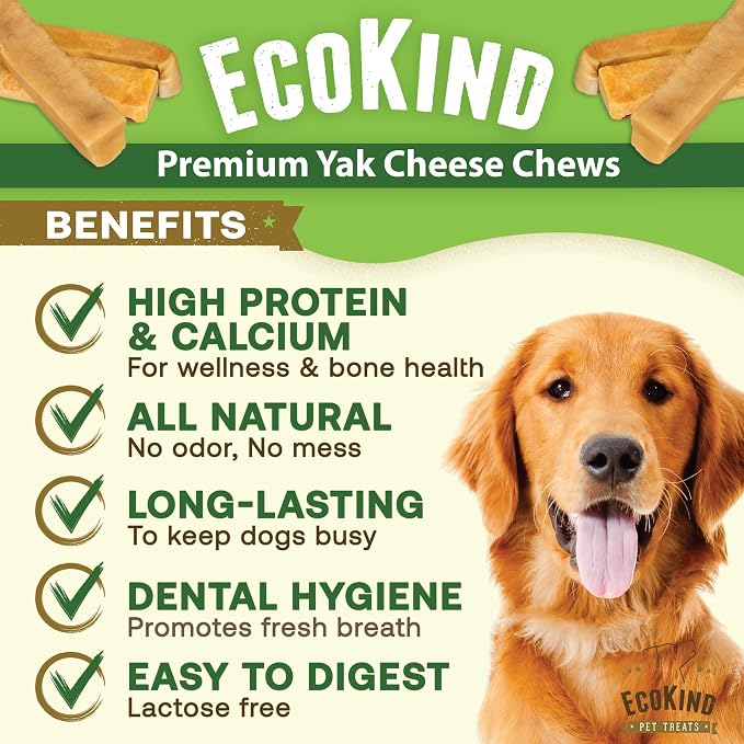 EcoKind Yak Cheese Himalayan Dog Chews, Yak Chews for Small Dogs, Long Lasting Bone for Aggressive Chewers, Only 3 Ingredients, Natural High Protein Treat, No Additives, Lactose Free, Small - 16 Chews