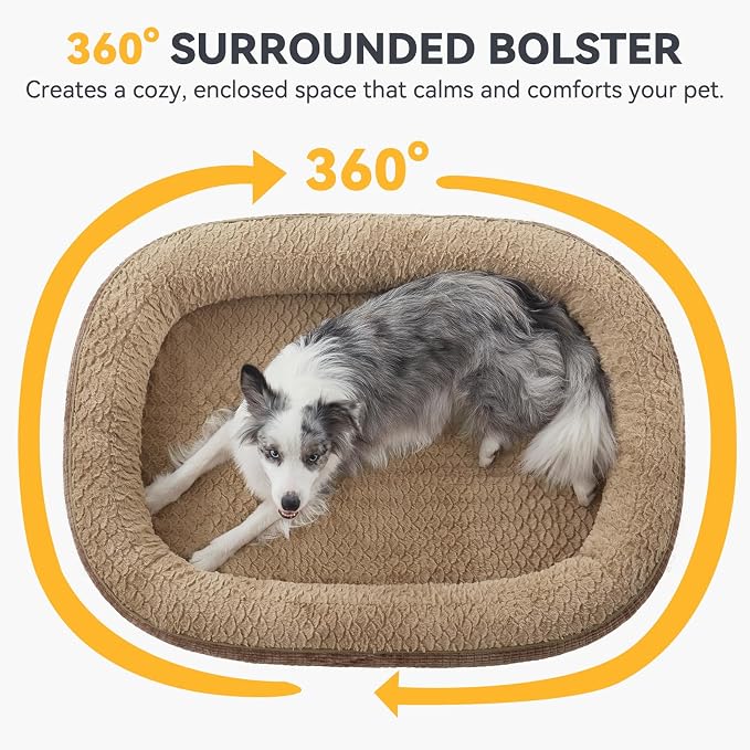 JOEJOY Orthopedic Dog Bed for Extra Large Dogs, Egg-Crate Memory Foam Pet Bed with Bolster Sides, Waterproof Lining, Removable Washable Cover & Non-Slip Bottom, Brown