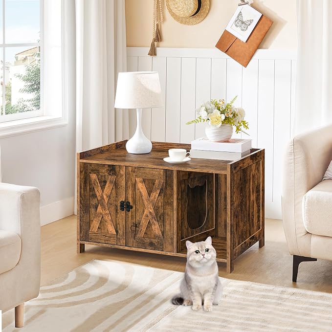 MAHANCRIS Cat Litter Box Enclosure, Hidden Litter Box Furniture with Divider, Indoor Cats House, Wooden Cat Washroom Storage Cabinet Bench, Side End Table Nightstand, Rustic Brown CWHR2501Z