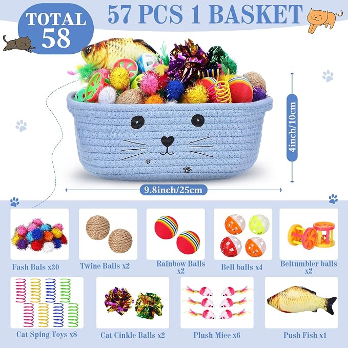 Zopeal 58 Pcs Summer Graduation Cat Storage Basket Gift Toys Set, Colorful Flashing Balls Pet Bell Crinkle Balls Spring Toys Attract Cat to Swat, Hunt, Interactive for Pet(Light Blue,9.8 Inch)