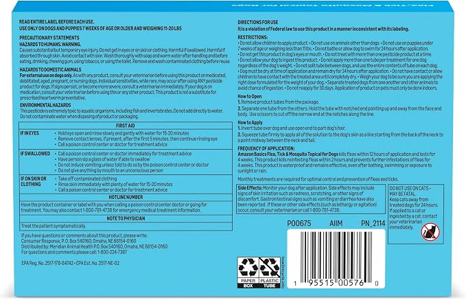 Amazon Basics Flea, Tick & Mosquito Topical Treatment & Prevention for Medium Dogs (11-20 pounds), Fast-Acting, Kills Fleas, Eggs & Larvae, 30 Day Protection, 6 Count, Packaging May Vary