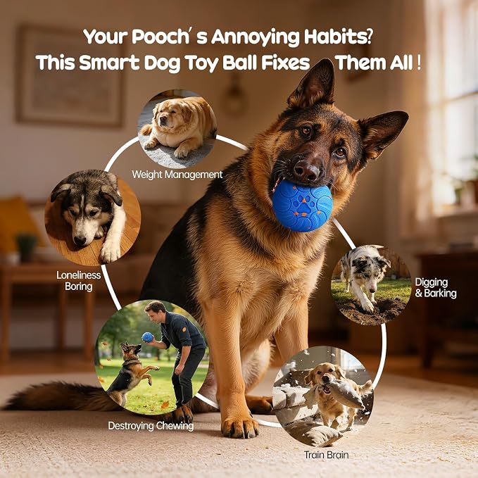 Smart Interactive Dog Toys, Colorful Led Lights, Blue | Upgraded Chew-Resistant E-TPU, Auto-Bounce & Rotating, Obstacle Avoidance, IPX7 Waterproof