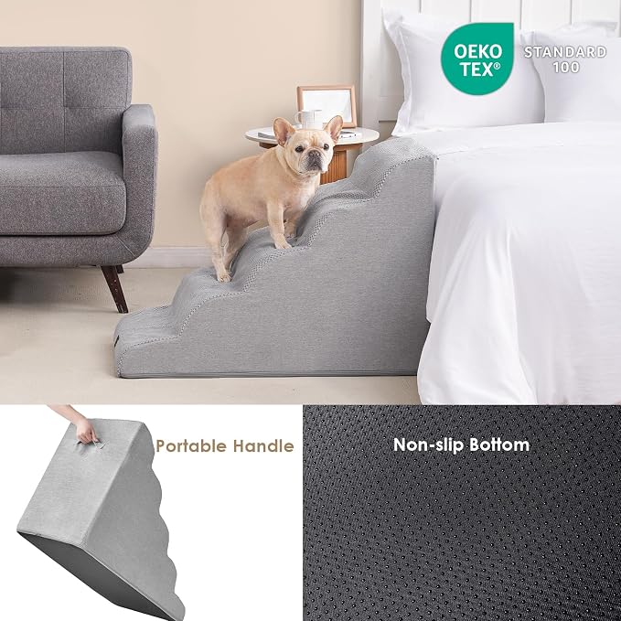 EHEYCIGA Curved Dog Stairs Ramp for High Beds, 5-Step Extra Wide Dog Steps for Small Dogs and Cats, Pet Stairs for High Bed Climbing, Non-Slip Balanced Pet Step Indoor, Light Grey