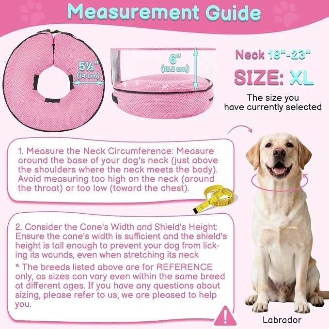 Soft Inflatable Dog Cone for Surgery Recovery, Protective Dog Donut Collar with Shield to Stop Licking Wounds, 2-in-1 Patented Comfort Blow-Up Collar (Pink, XL)