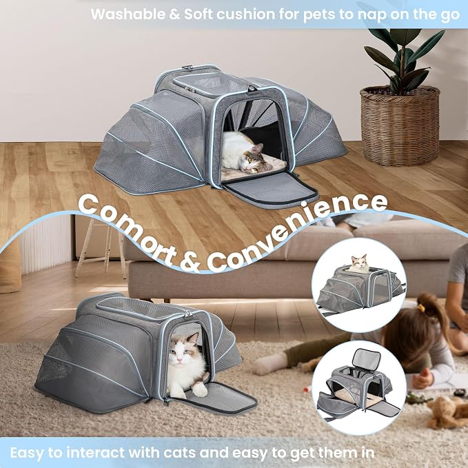 Petsfit Expandable Cat Carrier Dog Carriers,Airline Approved Soft-Sided Portable Pet Travel Washable Carrier for Kittens,Puppies,Removable Soft Plush mat and Pockets,Locking Safety Zippers