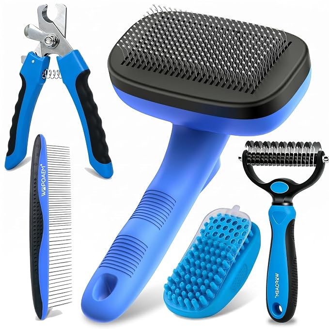 Self Cleaning Slicker Brush for Dog - 5 PCS Dog Brush Grooming Kit,Undercoat Rake Brush Comb for Small Large Dogs Cats, Dog Hair Brush Set, Grooming Deshedding at Home or Travel, Blue