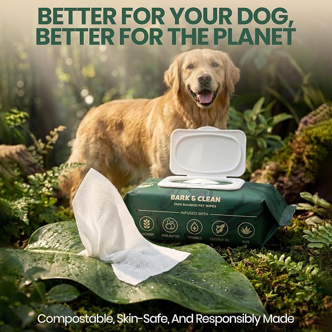 Bark & Clean 440 Dog Wipes for Cleaning and Deodorizing - 4 Pack of 110 8.5" x 9" Bamboo Pet Wipes - Compostable, Hypoallergenic Puppy Wipes - Dog Wipes for Paws, Butt, and Body