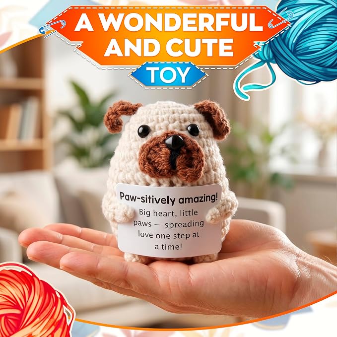 Reluen Crochet Dog, Big Heart Little Paws Handmade Puppy Crochet Animal with Inspirational Affirmation Card, Cute Crochet Desk Buddy Decor Gift for Dog Lovers Women Men Mom Daughter Friend Coworker