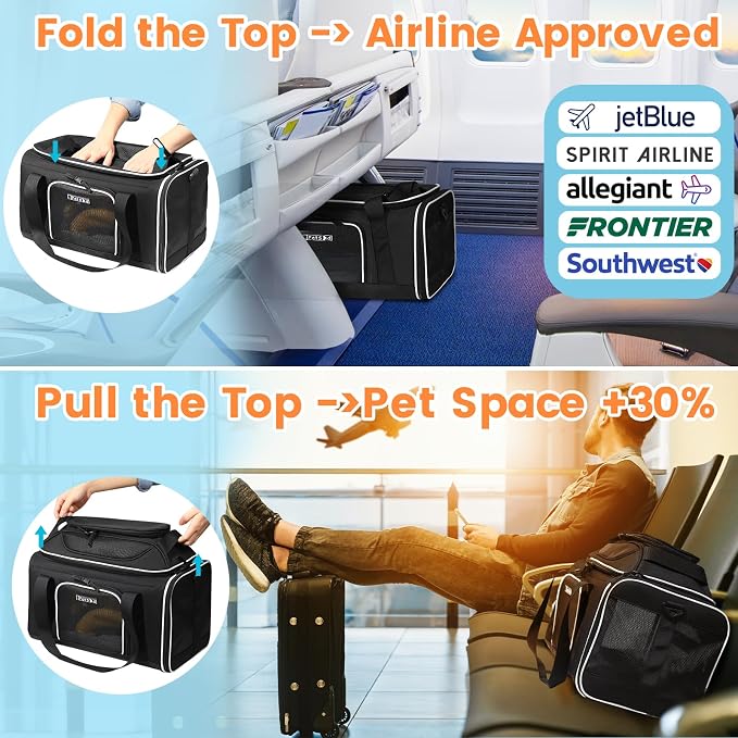 Petskd Top-Expandable Pet Carrier 17x12x8.5 Inches JetBlue Allegiant Spirit Airline Approved, Soft-Sided Carrier for Small Cats and Dogs with Locking Safety Zippers and Anti-Scratch Mesh(Black)