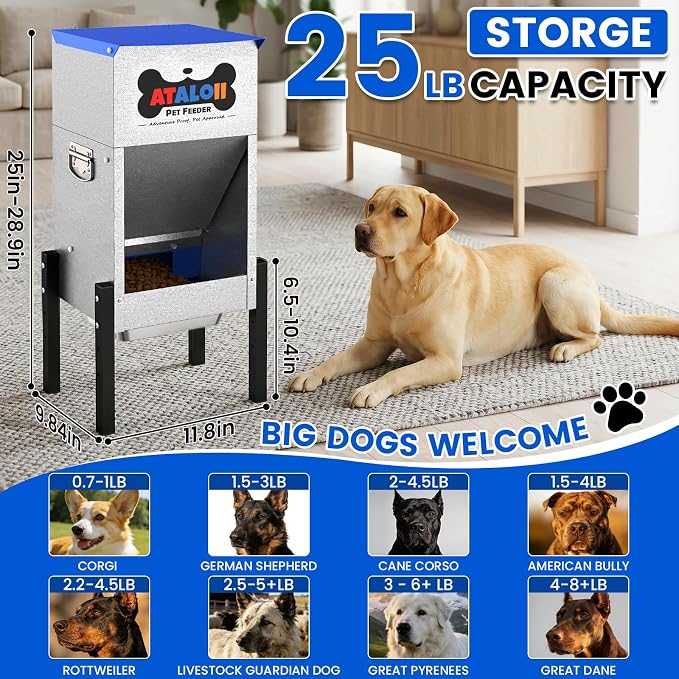 Automatic Dog Feeder 25 lbs — Height-Adjustable, Gravity Dog Feeder Dispenser with Magnetic Door, Large Capacity Self-Feeding Station for Small Medium Large Dogs, Indoor & Outdoor (Blue)