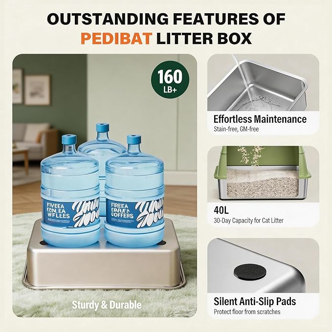 Extra Large Enclosed Stainless Steel Litter Box with lid，Front Entry Top Exit High Sided Metal cat Litter Pan，Non-Stick Easy Cleaning Anti-Urine Leakage for Big Cats，Includes Mat, Scoop & Step, Green