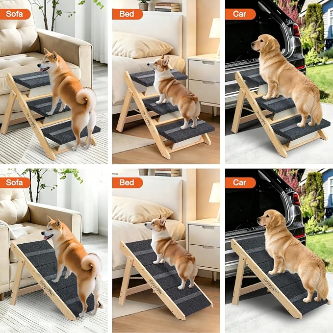 Wooden Dog Stairs& Dog Steps, 2-in-1 Foldable Dog Steps for Beds, Couch and Cars, Anti-Slip Pet Ramp with 3 Steps Indoor Pet Stairs for Small Medium Large Older Pet Cats up to 120lbs