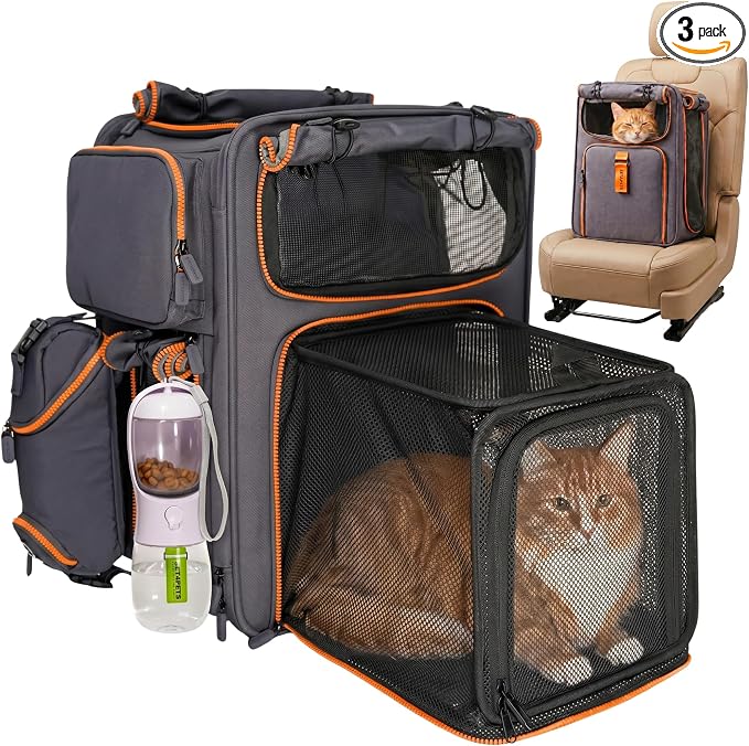 Premium Expandable Cat Carrier Backpack with Car Seat Belt Safety System – Rigid Frame Pet Carrier Backpack for Cats & Small Dogs up to 25 lbs – Breathable, Durable – Includes Bottle & Feeding Bowl