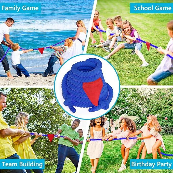 X XBEN Tug of a War Rope for Kids and Adult 100FT, Tag o War Ropes with Flag for Outdoor, Outside Carnival, Lawn, Field, Team Building Game, Safety Cord for School and Church, Blue