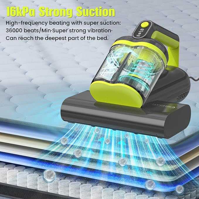 Mattress Vacuum Cleaner UV for Pet Hair,16kPa Power Suction UV Bed Vacuum Cleaner,140°F Heated Function,Ultrasonic High Tapping,HEPA Filter,Bed Vacuum for Sofa, Couch, Crib(Corded,4.5Amp)