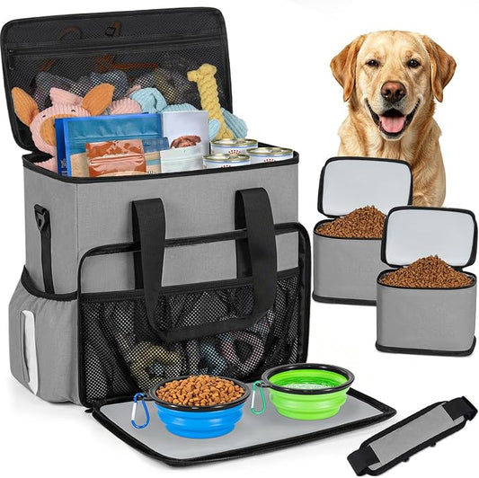 Dog Travel Bag,Large Pet Travel Bag for Supplies with 2 Food Container and Collapsible Bowls,Dog Travel Supplies Organizer Kit for Weekend,Road Trips,Camping