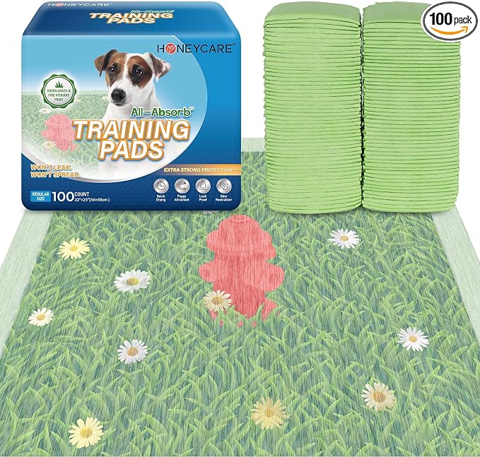 HONEY CARE Dog Training Pads with Grassfield & Fire Hydrant Printing丨Eliminating Urine Odor Puppy Pads 丨 Premium Dog Pee Pads (100 Count, 22x23 inch)