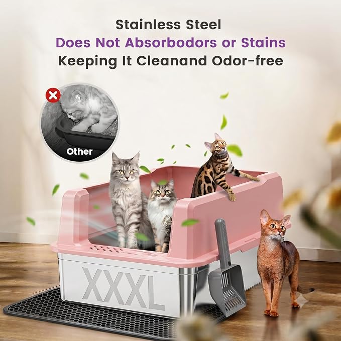 XXL Stainless Steel Cat Litter Box with Lid, 26" L x 18" W x 12" H Metal Litter Box with Hight Sides for Big Cats & Multiple Cats, Never Absorbs Odors, Anti-Urine Leakage, Easy Cleanin(Pink)