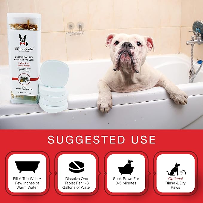 Warren London Deep Cleaning Paw Soak for Dogs – Soothes Itchy, Irritated Paws with Aloe Vera, Seaweed & Tea Tree Oil | Anti-Lick Paw Treatment | 5-Minute at-Home Spa for Dogs | 12 Fizzy Tablets