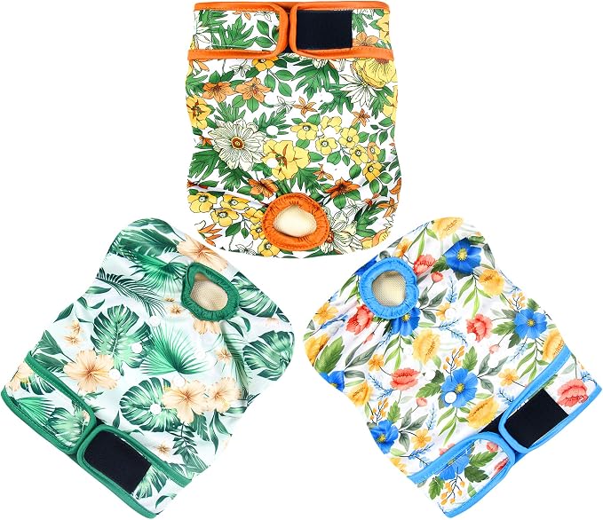 Langsprit Washable Female Dog Diapers (3 Pack) - No Leak Reusable Diapers for Doggy Female in Period - Highly Absorbent Dog Heat Panties with Adjustable Snaps (Floral, Small)
