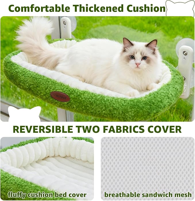 Woochpet Cat Window Perch，Cordless Foldable Cat Hammock Bed for Window with Solid Metal Frame and Ultra Soft Machine Washable Bed with 4-Sided Bolster, 4 Strong Suction Cups Window Resting Seat