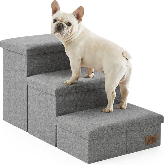 Dog Stairs with Storage, 3-Step Wider Sturdy Dog Steps for Small/Medium/Large Dogs and Older Cats, Folding Doggie Ramp for Bed/Couch/Car Hold Up to 180 lbs (16.7" H, Grey)