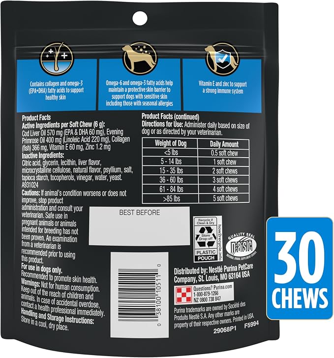 Purina Pro Plan Veterinary Skin Care Soft Chew Dog Supplements with Omega-3 Fish Oil, EPA, DHA to Support Seasonal Allergies & Strong Immune System - (Pack of 1) 30 ct. Pouches