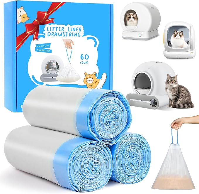 60 Count Cat Litter Box Liners Bags, Extra-Thick Cat Waste Bags for Self-Cleaning Litter Box, Drawstring Litter Liner Trash Bags for Automatic Box Self Cleaning-17.7" x 19.68"