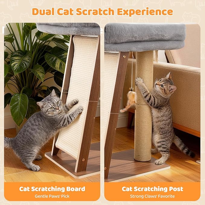27.5" Cat Scratching Post, 3-in-1 Multifunctional Walnut Finish Pine Wood Cat Furniture, Tall Scratch Posts with Perch&Scratcher, Boxed with Hanging Bell Toy, Medium