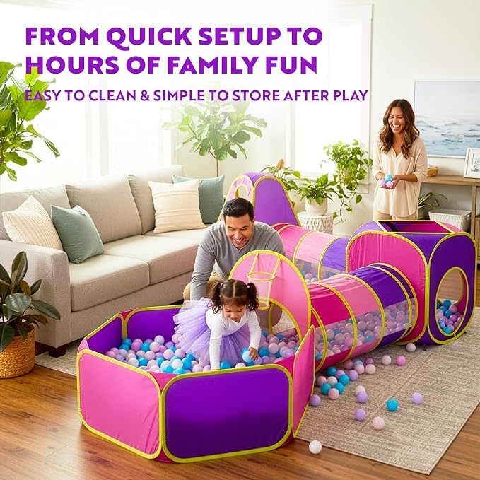 Playz 5pc Kids' Play Tents & Tunnels - Ball Pit for Toddlers, Basketball Hoop, Crawling Tubes, Pop-Up Playhouses, Baby Obstacle Course for Indoor or Outdoor Use