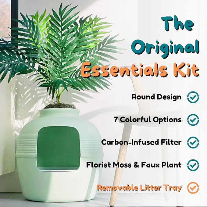 Good Pet Stuff Original Hidden Litter Box Planter, Decorative Cat Litter Enclosure, Carbon Filter, Faux Plant, Easy to Clean, Round Design, Removable Tray, Essentials Kit, Palm Plant, Mint Green