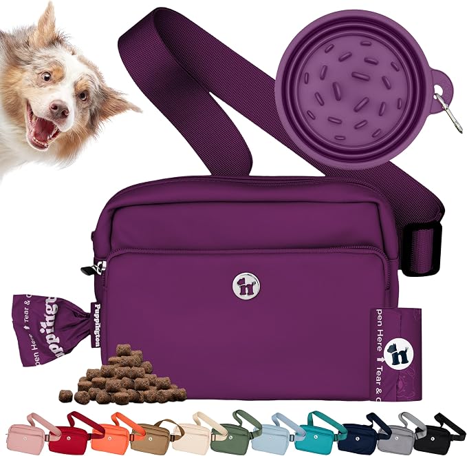 Puppington 3-in-1 Crossbody & Dog Treat Pouch for Pet Training - Matching Compostable Poop Bags, Built-In Poop Bag Dispenser & Slow-Feeding Travel Dog Bowl - Dog Walking Bag (Plum Wine)