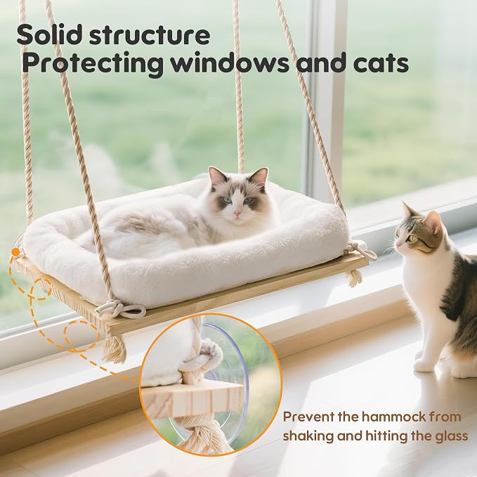 Cat Window Perch, Window Hammock for Cats with Solid Wood Seat 4 Heavy Duty Suction Cups, Plush Cushion, Indoor Cat Bed