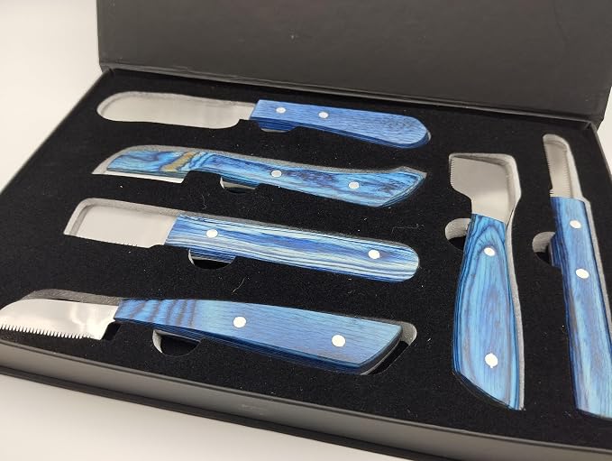 Professional Dog Grooming Stripping Knife Kit – 6-Piece Pet Grooming Tool Set with Stainless Steel Blades & Wooden Handles for Undercoat Removal, Deshedding, Coat Thinning Natural (Blue)