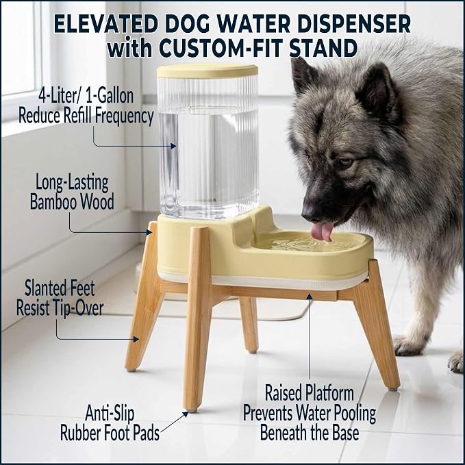 Elevated Dog Water Dispenser with Bamboo Stand for Medium Large Dogs, 4L 1 Gallon Gravity Dog Water Bowl Dispenser, Raised Automatic Dog Water Station, Custom Fit Non Slip Anti Tip Stand
