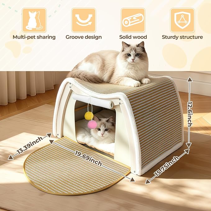Cat Houses for Indoor Cats, Cat House with Natural Sisal Cat Scratcher Mat, Sturdy Solid Wood Frame Cat Houses & Condos, 4 Seasons Cat Bed Cave with Curtains, Sisal Scratching Pad & Mat