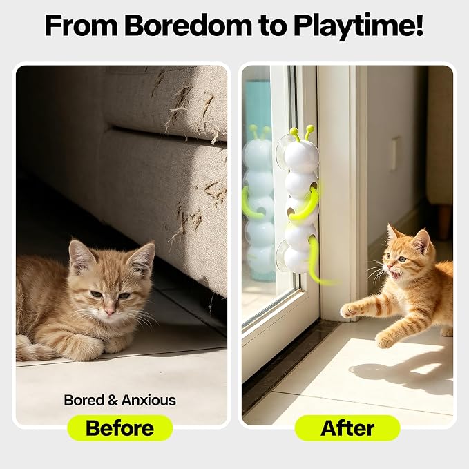 Upgraded Caterpillar Cat Feather Toy, Automatic Fluffy Tail Teaser with Motion Sensor, USB Rechargeable, Suction Cup for Stable Play, Perfect for Indoor Cats