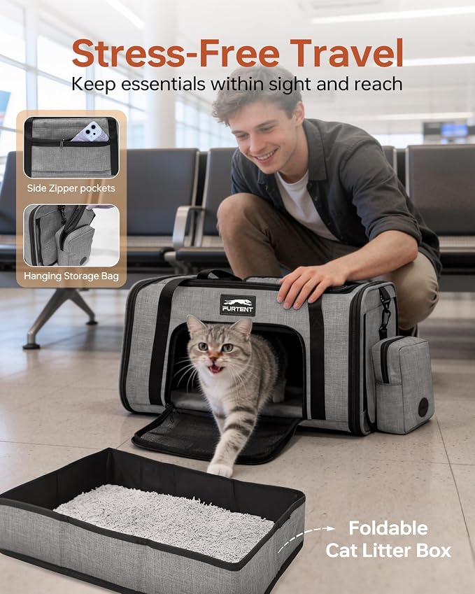 17x11x9.5 Pet Carrier Airline Approved, Cat Carrier with Litter Box, Soft Sided Cat Dog Carrier Up to 15 lbs, Breathable Travel Pet Carrier with Calming Curtain, Storage Bag & Poop Dispenser, Grey