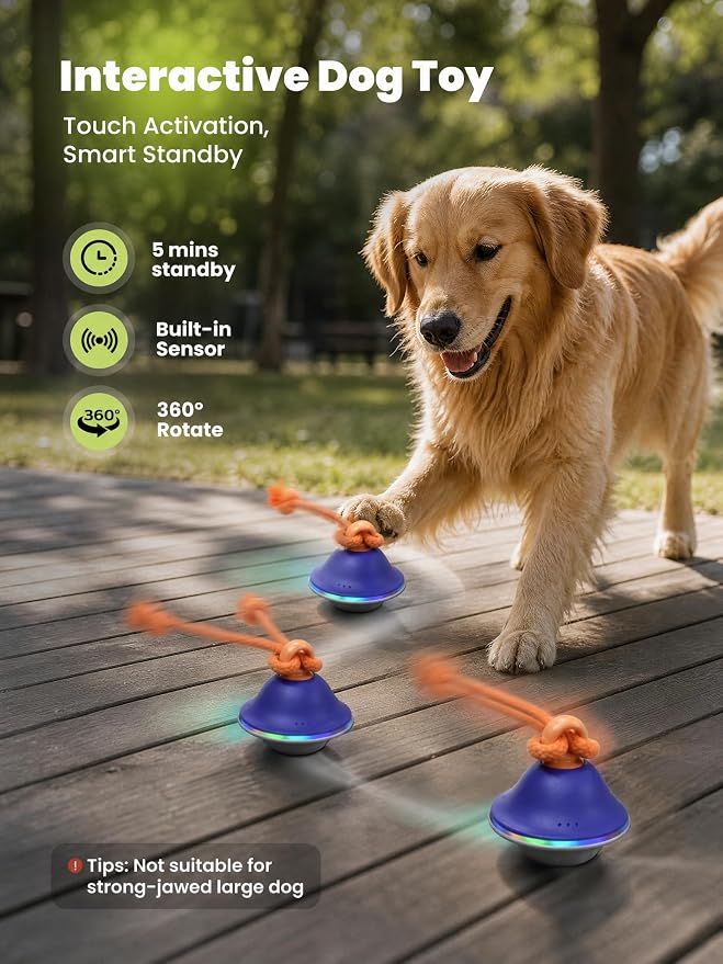 Smart Interactive Dog Toys, 3 Play Modes Smart Moving Bouncing Dogs Ball with Rope, Moving Dog Toy Ball with RGB Lights, Stimulating Sound, Voice Recording, Automatic Dog Toy for Medium & Large Dogs