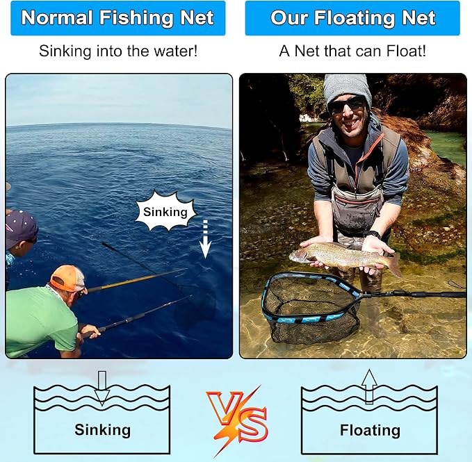 PLUSINNO Floating Fishing Net for Steelhead, Salmon, Fly, Kayak, Catfish, Bass, Trout Fishing, Rubber Coated Foldable Landing Net with Fixed or Telescoping Pole Handle, Fishing Gear and Gifts for Men