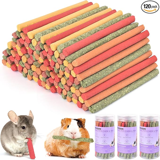 ERKOON 120Pcs Rabbit Timothy Hay Sticks, Five Flavors：PurplePotato/TimothyHay/Pumpkin/Strawberry/Carrot，Suitable Guinea Pig, Hamste, Gerbil, Chinchilla Treats, Chew Toys for Teeth for Bunnies