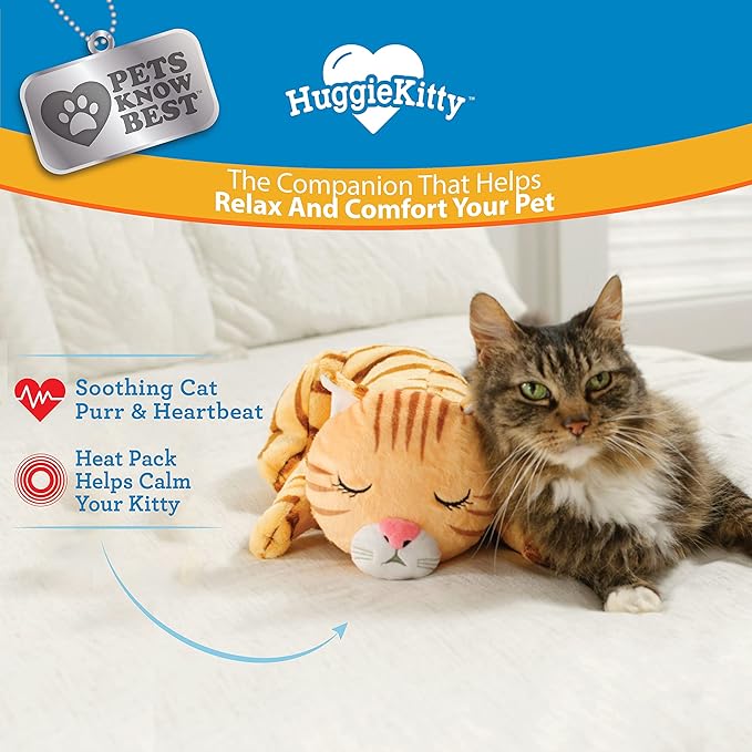 HuggieKitty by Pets Know Best- Cuddly Cat Toy, Soothing Sound & Warmth Help Relax & Comfort Your Pet- Purr & Heartbeat, Heating Pack- Orange