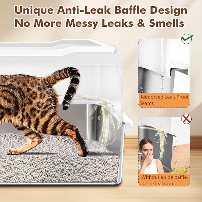 Extra Large Stainless Steel Cat Litter Box for Maine Coons, Large Cats & Multi-Cat Homes, High-Sided Design, Easy to Clean, Non-Stick, Anti-Leak