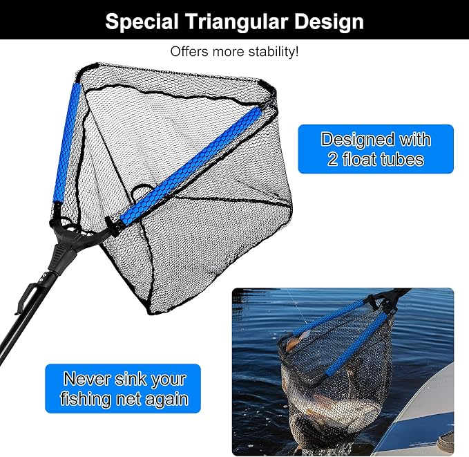 PLUSINNO Fishing Net Fish Floating Landing Net, Kayak Nets with Fixed Foldable Telescopic Pole Handle, Bass Trout Fishing Nets with Nylon Mesh for Pond Lake River, Fishing Gear Gifts for Men Anglers