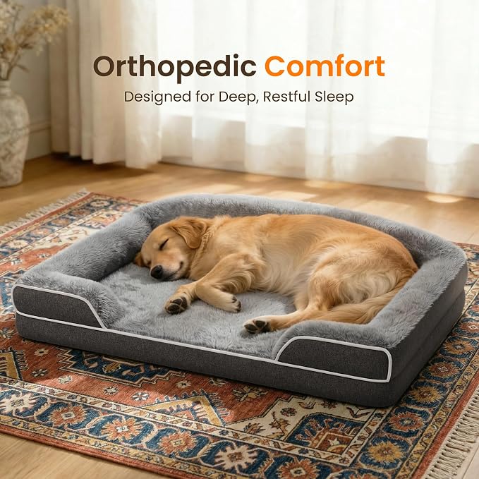 TRAHOME Orthopedic Dog Bed for Extra Large Dogs, 45 x 30 Inch Waterproof Egg Crate Foam XL Dog Couch Bed with Sides, Washable Removable Cover, Non Slip Bottom, Dark Grey