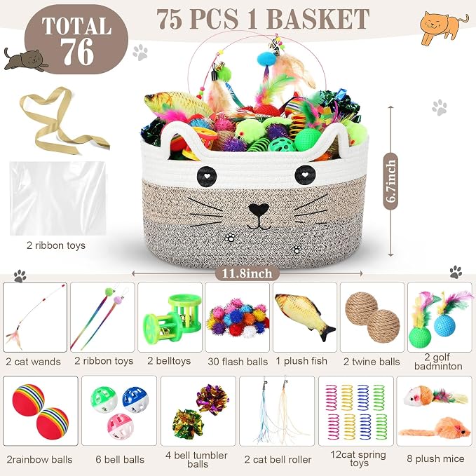 Zopeal 76 Pcs Graduation Cat Storage Basket Gift Toys Set Interactive Cat Toys Kitten Wand Colorful Flashing Balls Pet Crinkle Balls Attract Kitten to Swat, Hunt for Pet Indoor(Brown)