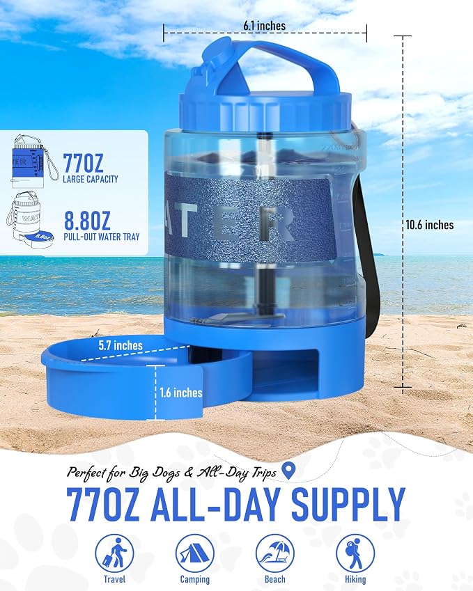 Portable Dog Travel Water Bottle, 77oz Large Dog Water Bowl Dispenser Portable, Leakproof Pet Drinking Bottle Dispenser for Hiking Camping Walking Travelling Beach Car Trips, BPA Free,Blue